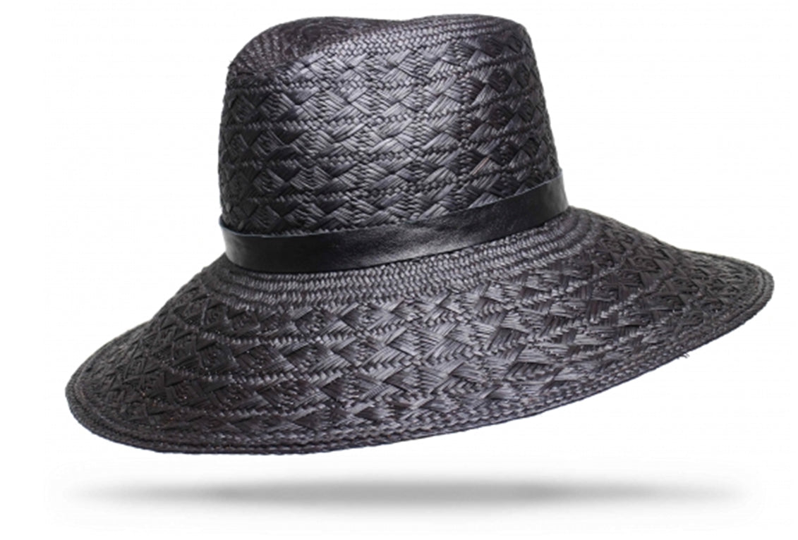 A must have! A chapeau that Jackie O' would own in her most elegant ensemble. The 4 elegant straight pinch crown with a 4 1/2 lampshade style brim.This regal piece has been woven to perfection resembling diamonds through its intricate weave. A roan leather hat band.Handmade in NYC. 